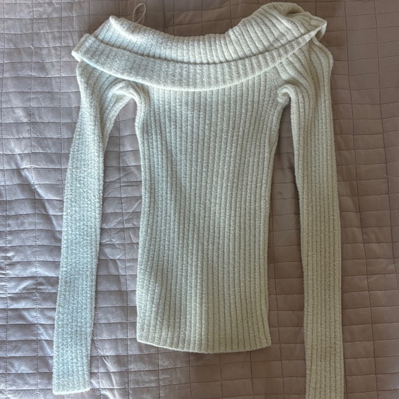 Express Off-Shoulder Ribbed Sweater in Cream - Picture 2 of 4